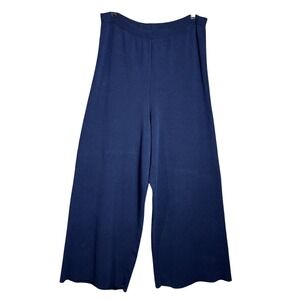 Eileen Fisher Navy Blue Knit Wide Leg Cropped Pants elastic waist soft cozy S